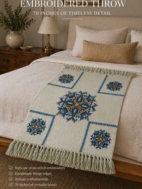 Hand Knit Cozy Fringed Cream and Blue cozy Throw With Cross Stitching